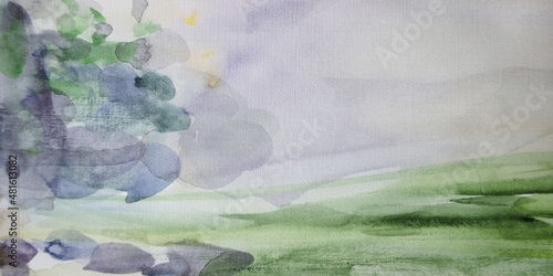 Abstract landscape watercolor. Picturesque background. Shades of green white and blue colors. Hand painted wallpaper. Ecology and organic concept.