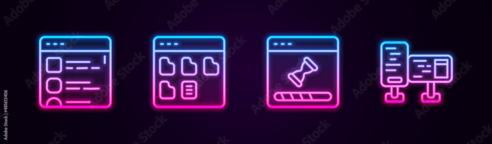 Set line Browser files, , Loading data window and Computer monitor screen. Glowing neon icon. Vector Set line Browser files, , Loading data window and Computer monitor screen. Glowing neon icon. Vector