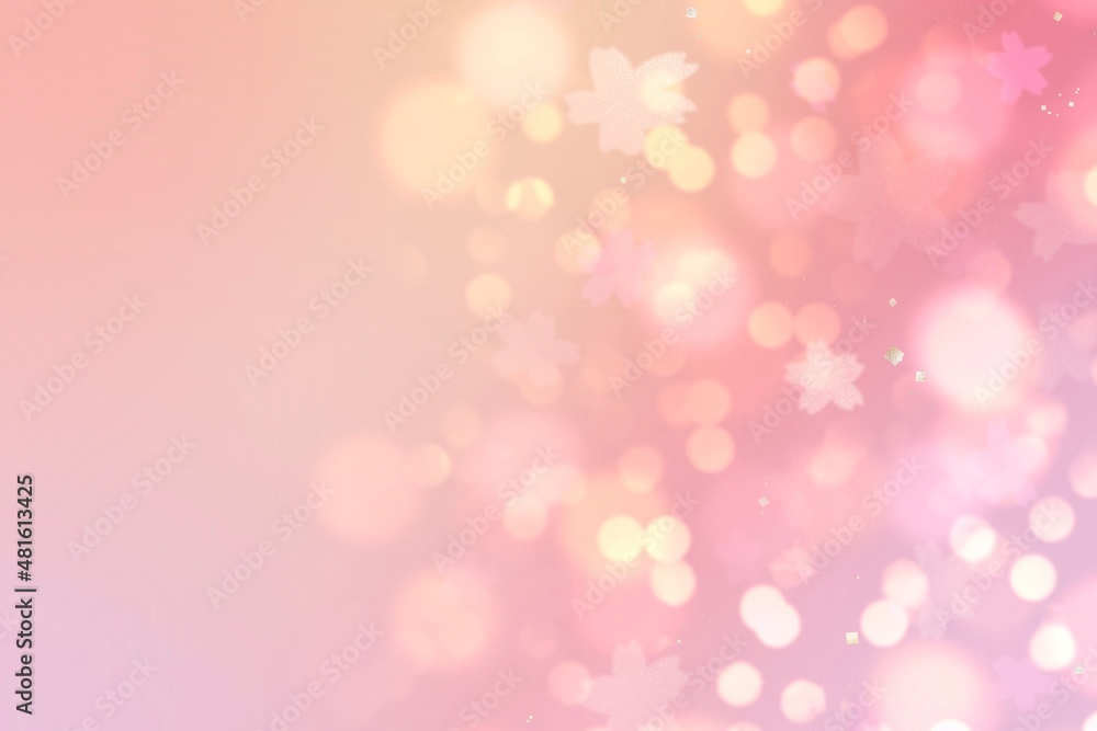 春の和風テンプレート）ボケライトと桜の花柄　金色のグリッター　グラデーション　ピンク　花見
