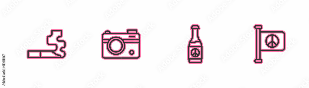 Set line Cigarette, Beer bottle, Photo camera and Flag peace icon. Vector Set line Cigarette, Beer bottle, Photo camera and Flag peace icon. Vector