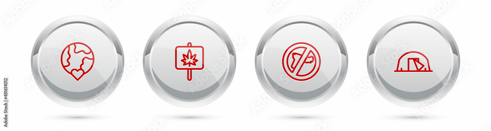 Set line The heart world - love, Marijuana, No war and Tourist tent. Silver circle button. Vector Set line The heart world - love, Marijuana, No war and Tourist tent. Silver circle button. Vector