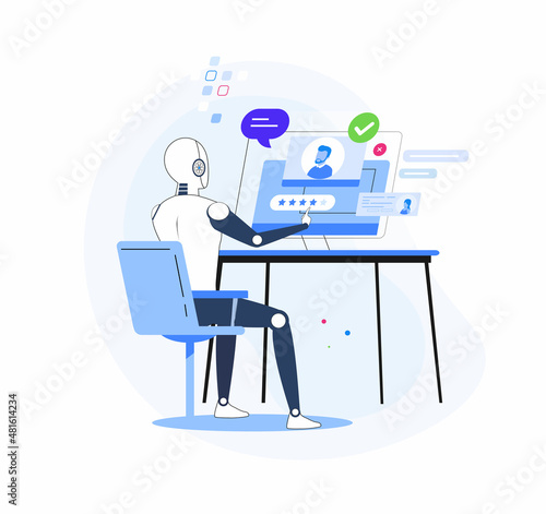 HR AI as human resources robots scanning CV for hiring tiny person concept. Modern technologies searching for labor, and vacancy candidates vector illustration. Automation analyzing work data bases.