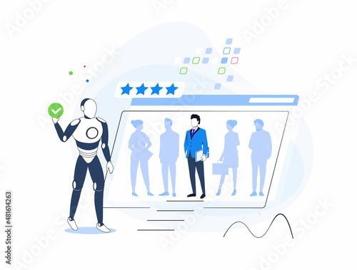 HR AI as human resources robots scanning CV for hiring tiny person concept. Modern technologies searching for labor, and vacancy candidates vector illustration. Automation analyzing work data bases.