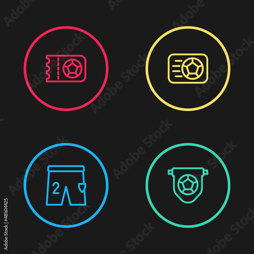 Set line Shorts for playing football, Football flag pennant, Soccer and soccer ticket icon. Vector