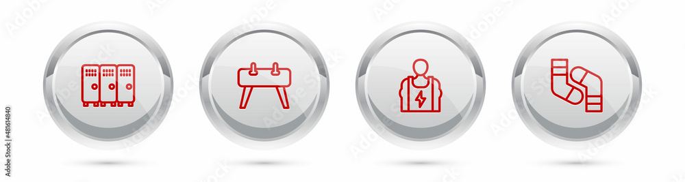 Set line Locker or changing room, Pommel horse, Bodybuilder and Socks. Silver circle button. Vector Set line Locker or changing room, Pommel horse, Bodybuilder and Socks. Silver circle button. Vector