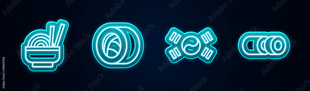 Set line Asian noodles in bowl, Sushi, South Korea flag and . Glowing neon icon. Vector Set line Asian noodles in bowl, Sushi, South Korea flag and . Glowing neon icon. Vector