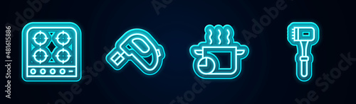 Set line Gas stove, Electric mixer, Cooking pot and Kitchen hammer. Glowing neon icon. Vector
