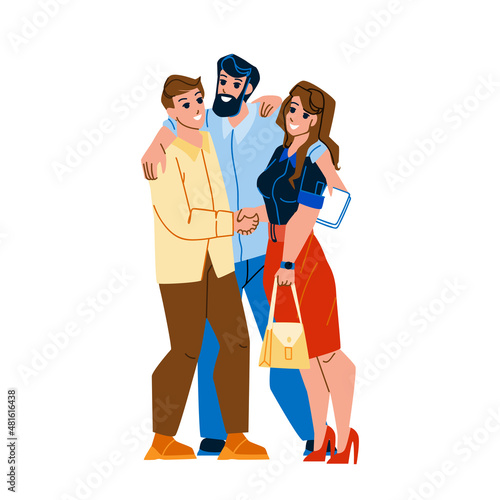 Partners Man And Girl Embracing Together Vector. Businessman And Businesswoman Partners Hugging After Deal Or Successful Achievement. Characters Employees Team Work Flat Cartoon Illustration