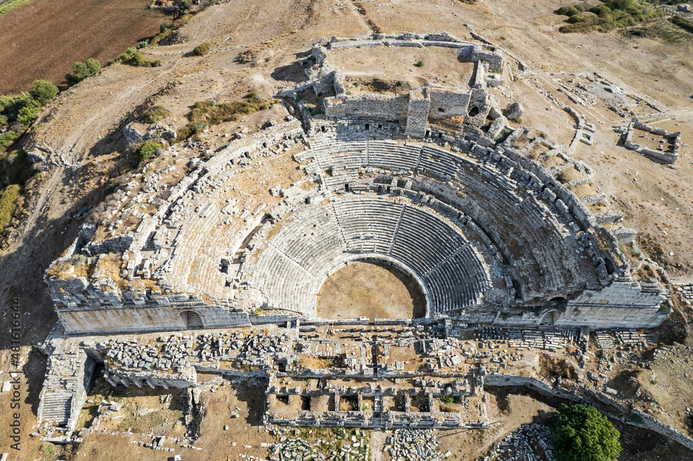 Ruins of ancient greek amphitheater at Miletus on the western coast of Anatolia, Turkey