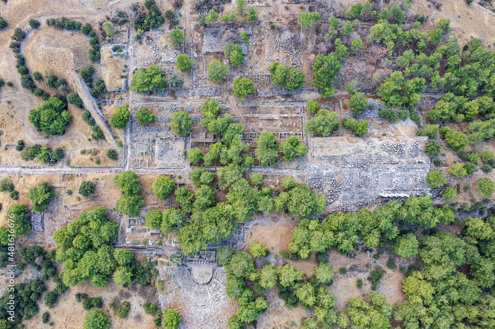 Aerial drone view of Temple of Athena Polias in the Ancient Priene, Aydin Province, Turkey