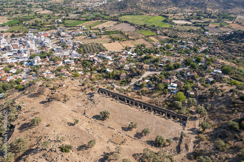 Aerial view of the stunning market place building at Alinda ancient city located in present Karpuzlu, Turkey. photo