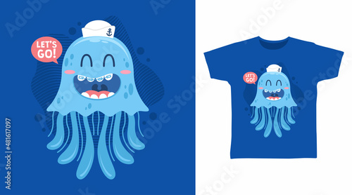 Cute jellyfish cartoon tee designs concept
