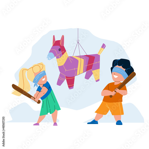 Pinata Hitting Little Boy And Girl On Party Vector. Pinata With Candies Hit Small Schoolboy And Schoolgirl On Mexican Traditional Event. Happy Characters Children Flat Cartoon Illustration