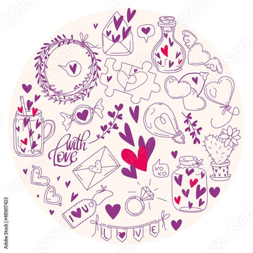 Hand-drawn simple doodle love and 14th february themed elements. Isolated vector outline illustrations for the St.Valentine's day