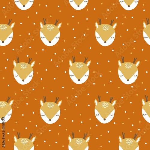 Seamless pattern. cute deer faces and white dots on a terracotta background. vector texture. fashionable print for textiles, wallpaper and packaging.