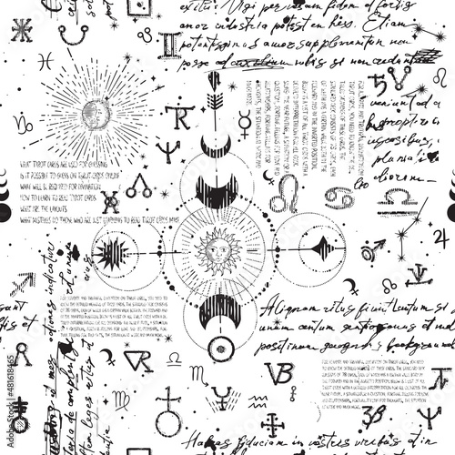 Abstract pattern of alchemical, esoteric, mystical symbols and unreadable handwritten scribbles. Seamless background with astrological icons and linear engravings with tarot card icons.