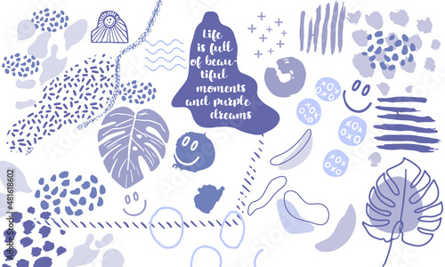 Over template with patterns of different abstract shapes. Colorful artistic background with textured stains, spots and line drawings in very peri color.