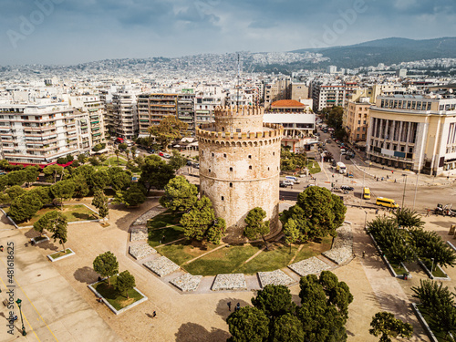 Aerial panoramic view of the main symbol of Thessaloniki city and the whole of Macedonia region - the White Tower. Concept of travel and sightseeing attractions in Greece