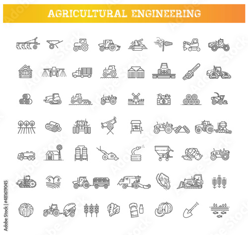 Agricultural and farming machines icons set