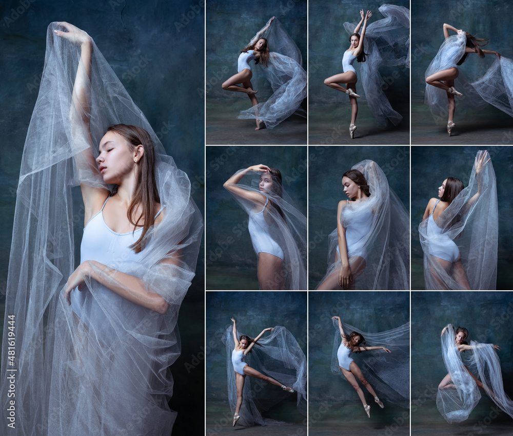 Naklejka premium Set of portraits of graceful young ballet dancer, ballerina dancing isolated on blue studio background.