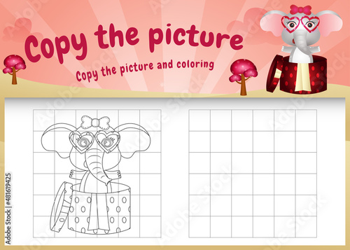 copy the picture kids game and coloring page with a cute elephant using valentine costume