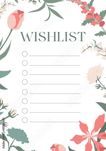 Floral wish list template with cute pink flowers, themed blank, personal organizer. Journal page layout design. Blank wishlist template.  photo