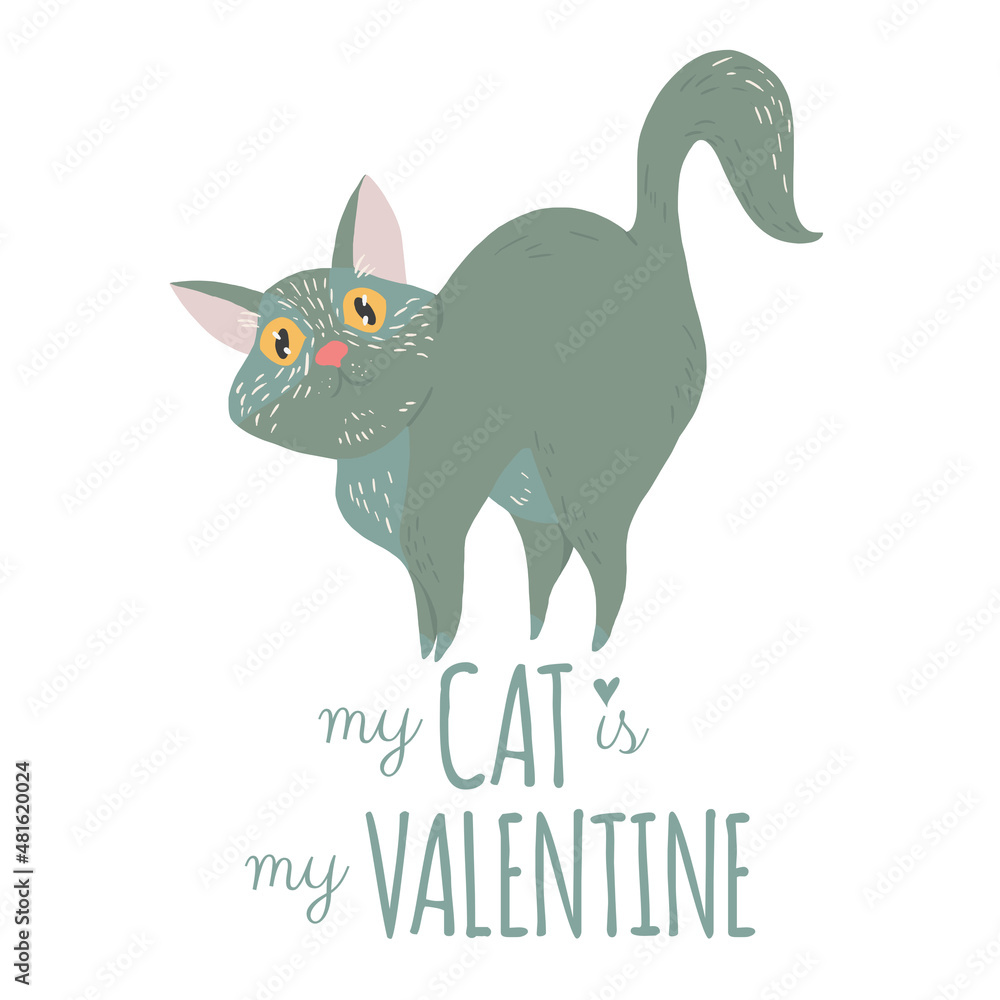 Cute hand-drawn cat with lettering my cat is my Valentine. Decorative style. Isolated cartoon illustration, for stickers, cards, posters Cute hand-drawn cat with lettering my cat is my Valentine. Decorative style. Isolated cartoon illustration, for stickers, cards, posters