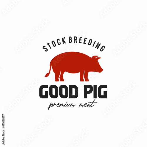 logo vector graphic of red pig meat pork with the red pig illustration, from good pig, premium meat pork from the stockbreeding pig farm, used for pork meat product seller, pork retail market