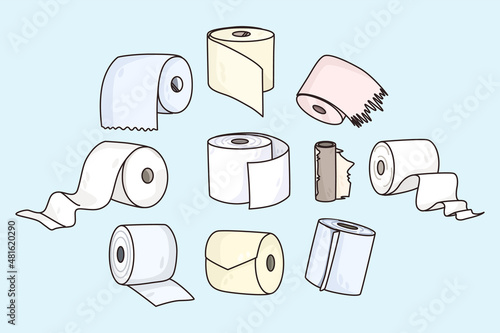Set of toilet papers isolated on blue background. Collection of paper rolls and kitchen towel. Household items. Flat vector illustration. Bathroom and WC package bundle. 