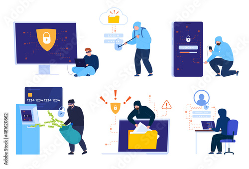 Photo Hackers and cybercrime collection vector flat internet fraud and scam online phi