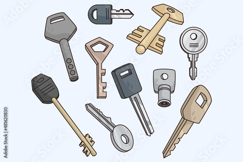 Set of modern and classic old keys of different sizes and forms. Collection of various key bunch for house or car door. Flat vector illustration. 