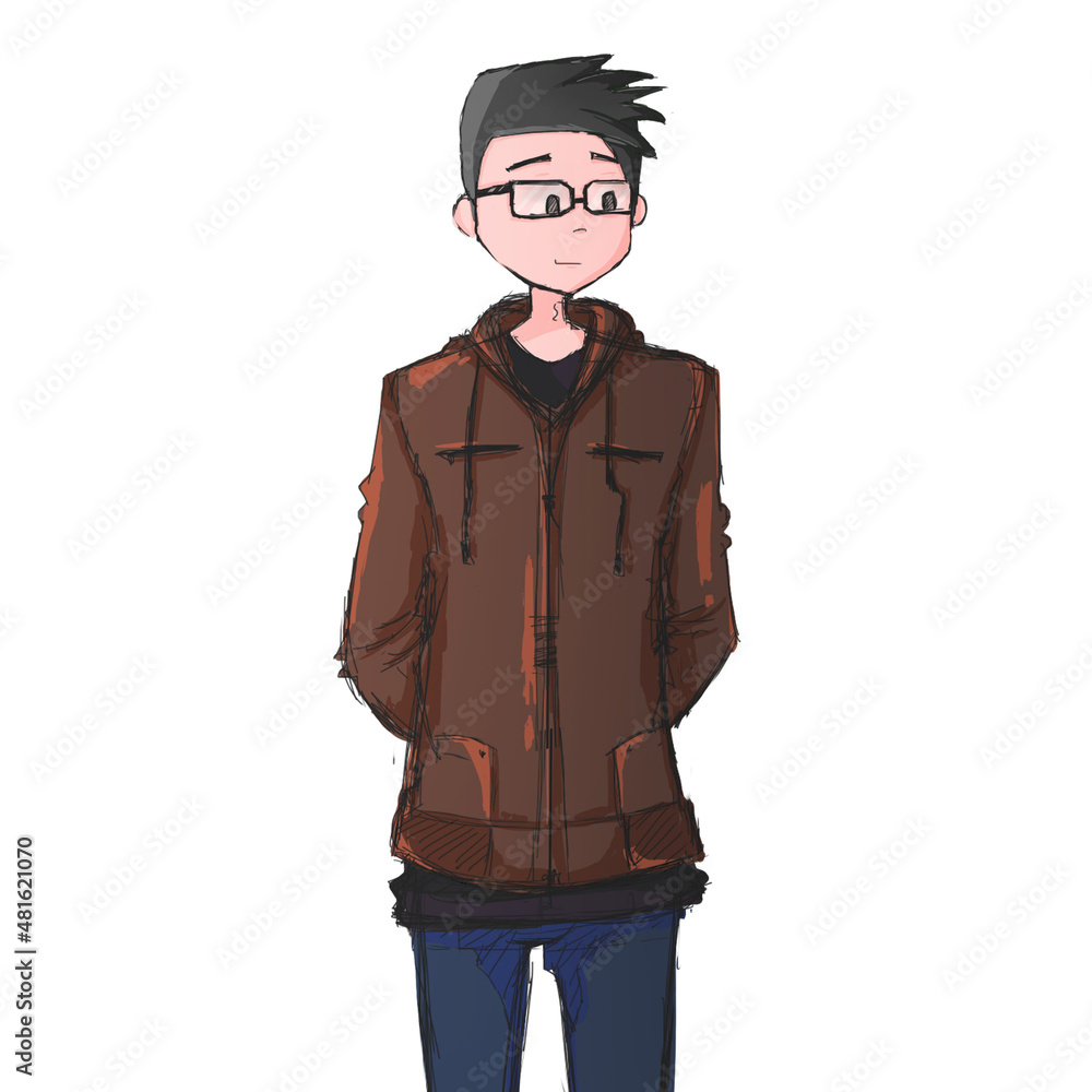 male character with dashing glasses is confused and thinking about wearing a brown coat or coat with striped style male character with dashing glasses is confused and thinking about wearing a brown coat or coat with striped style