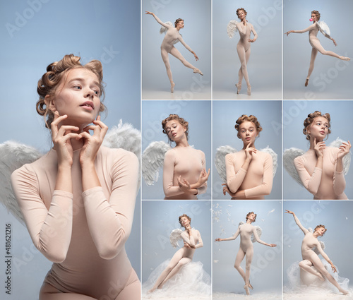 Beautiful young girl, graceful ballerina in image of angel with wings isolated on white gray studio background. Art, show, ballet. Set, collage photo