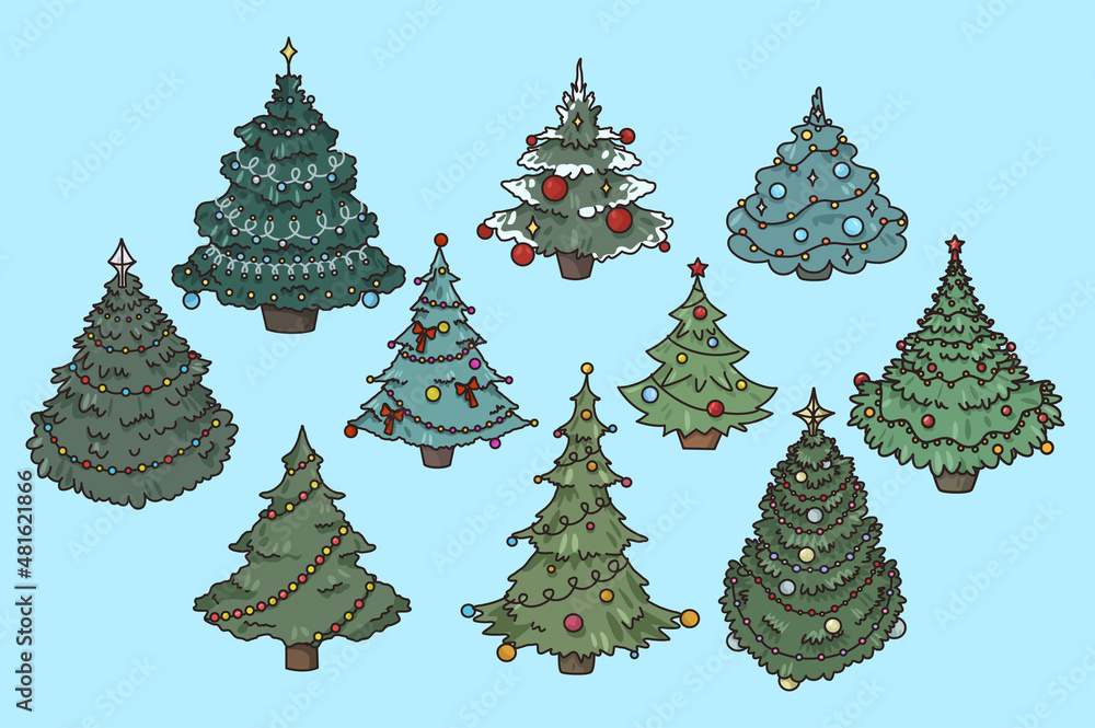 Set of various fir-trees decorated with balls and garlands. Collection of Christmas trees with decoration. New Year and winter holiday celebration. Flat vector illustration. Set of various fir-trees decorated with balls and garlands. Collection of Christmas trees with decoration. New Year and winter holiday celebration. Flat vector illustration.