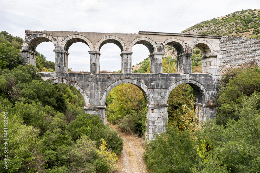 Ruins of ancient Pollio aqueduct bringe in Izmir Province. Turkey