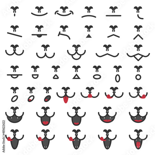 A set of faces of cats or dogs with various emotions. Open or closed mouth and realistic nose. Smile, joy, anger, sadness. Vector illustration icons.