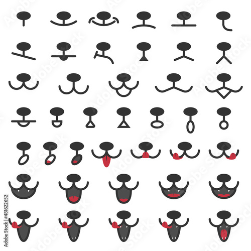 A set of faces of cats or dogs with various emotions. Open or closed mouth and oval nose. Smile, joy, anger, sadness. Vector illustration icons.
