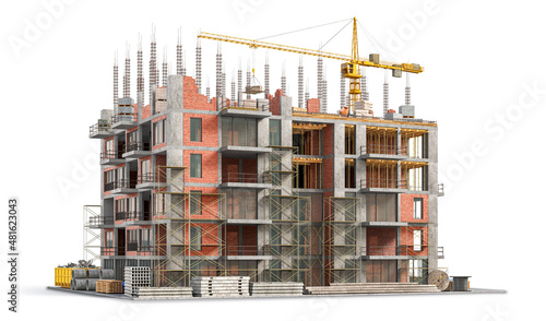 Building under construction on white background. 3d illustration