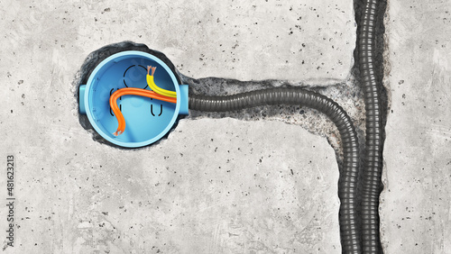 Unfinished electrical mains outlet socket with electrical wires. 3d illustration