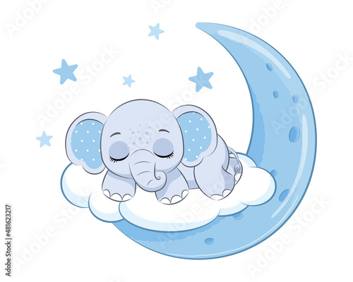 Cute elephant boy sleeping on the moon. Vector illustration of a cartoon.