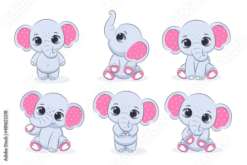 A set of cute elephant girls. Vector illustration of a cartoon.
