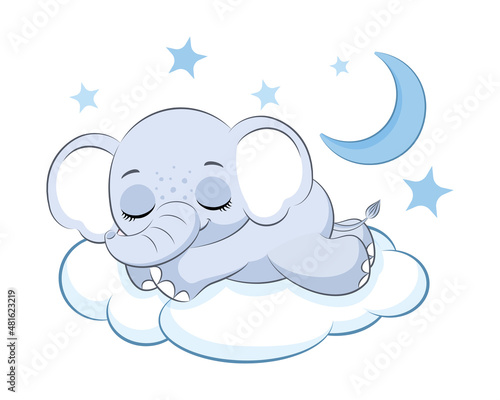 Cute elephant boy sleeping on a cloud. Vector illustration of a cartoon.