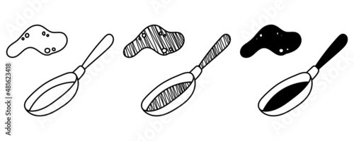 Set of hand-drawn vector pancake tossed over pans in a doodle cartoon style. Pancake day / Shrove Tuesday