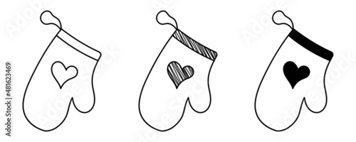 Set of hand-drawn vector oven gloves in doodle cartoon style