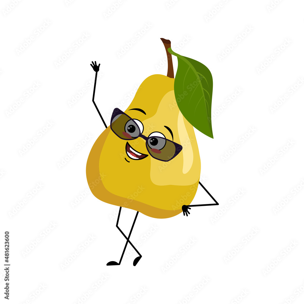 Pear character with happy emotion with glasses, joyful face, smile eyes, arms and legs. Person with expression, fruit emoticon. Vector flat illustration Pear character with happy emotion with glasses, joyful face, smile eyes, arms and legs. Person with expression, fruit emoticon. Vector flat illustration