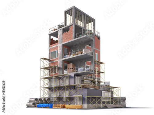 Fototapeta Naklejka Na Ścianę i Meble -  Building in half of construction with a finished building facade on white background. 3d illustration