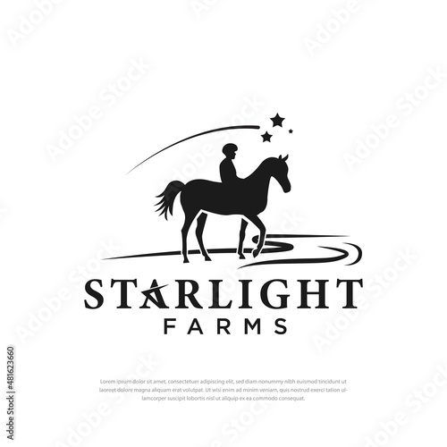 Man Riding Horse Silhouette as Starlight flashes ,Logo design illustration