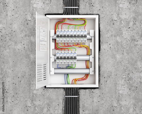 Voltage switchboard with circuit breakers in the concrete wall. Electrical background. 3d illustration photo