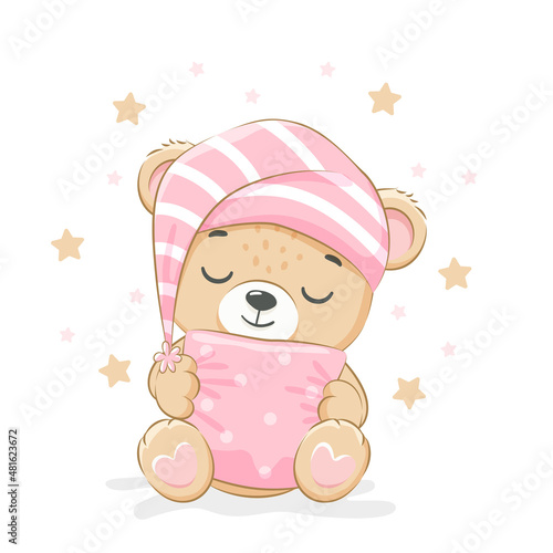 Cute teddy bear is sleeping sweetly. For a girl. Vector illustration of a cartoon.