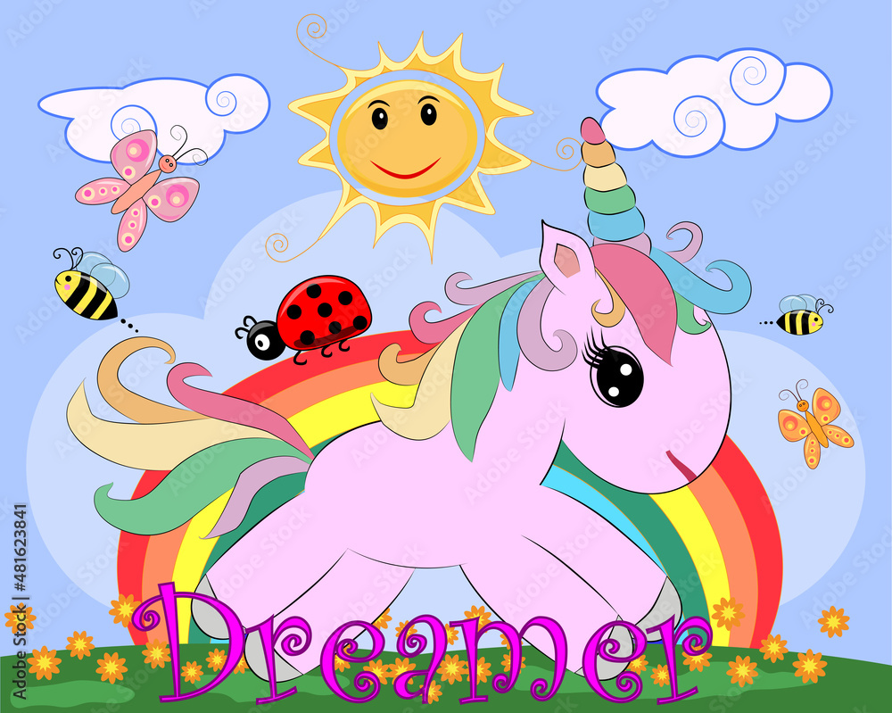 Naklejka premium Pink unicorn on a meadow with flowers, rainbow, sun. Child illustration, fairy-tale character, dreamer